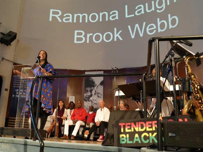 Ramona Laughing Brook Webb, the new poet theologian at Glide Memorial Church, addressed the congregation during a Sunday Celebration. Photo: Kenneth Ward