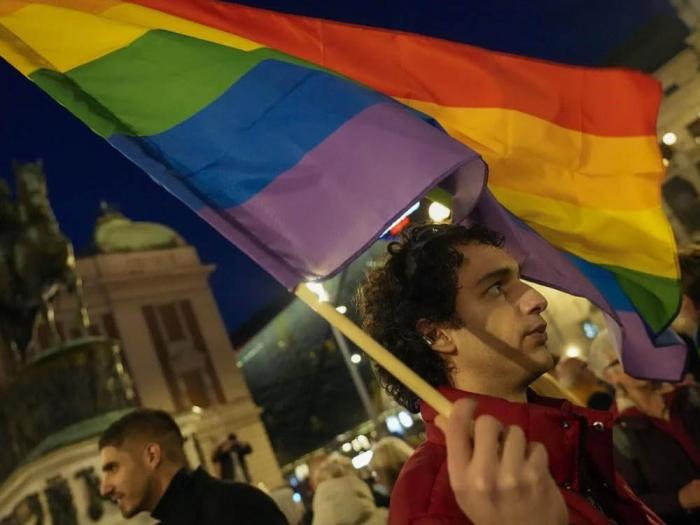 Human rights activists and members of the LGBTQ community held a protest in Serbia March 6 following a reported case of police harassment of a young gay man and a bisexual woman. Photo: Ivana Bzganovic