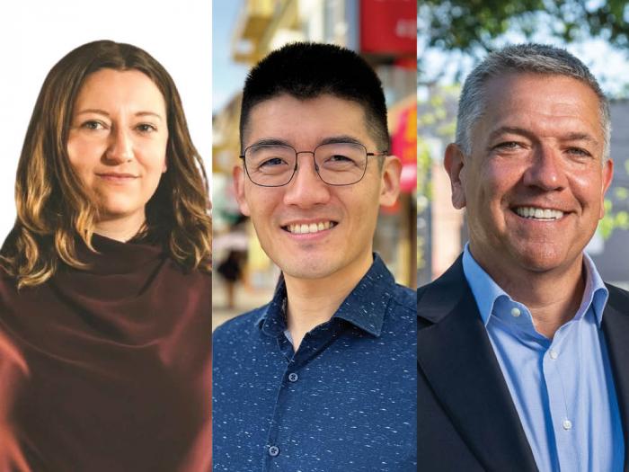 Newly elected San Francisco Democratic County Central Committee members Emma Heiken, left, Mike Chen, and District 6 Supervisor Matt Dorsey are backing Mayor London Breed for reelection. Photos: Courtesy the subjects