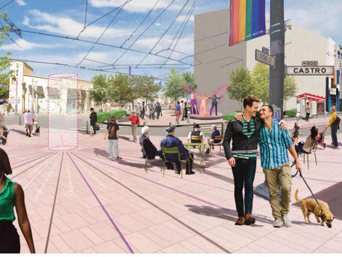 A rendering shows the long-term "Green Embrace" proposal for Jane Warner Plaza's street view at Castro and 17th streets. Image: Courtesy SF Public Works