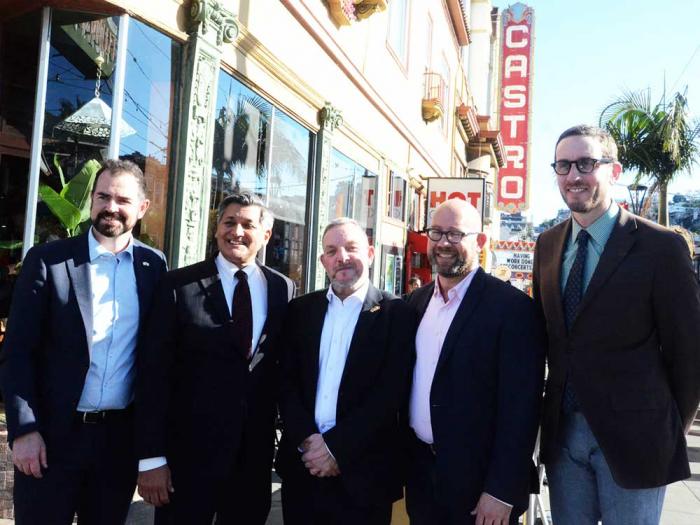 The president of the Irish Senate, Jerry Buttimer, center, was welcomed to the Castro district by a local diplomat and elected officials, Irish Consul General Micheál Smith, left, city treasurer José Cisneros, Supervisor Rafael Mandelman, and state Senator Scott Wiener. Photo: Rick Gerharter