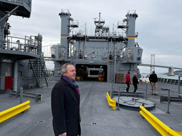 Former San Francisco supervisor and current BART board President Bevan Dufty stood on the deck of the USNS Harvey Milk during a tour March 28. Photo: Matthew S. Bajko<br>