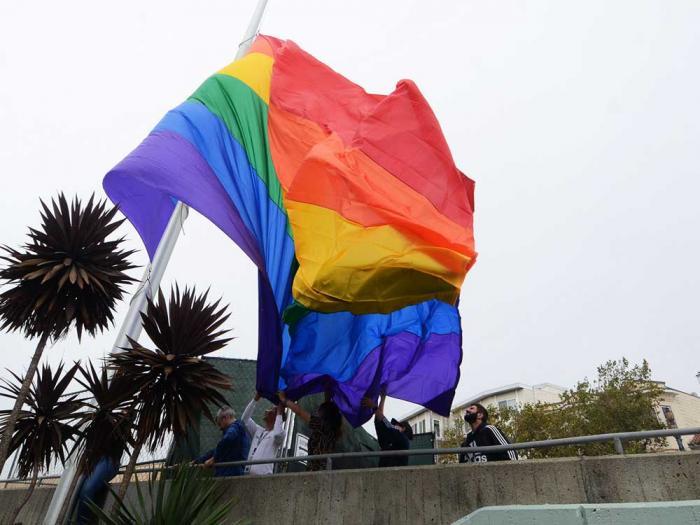 The San Francisco Board of Supervisors has approved a resolution to begin the process of landmarking the oversized rainbow flag and flagpole at Castro and Market streets. Photo: Rick Gerharter