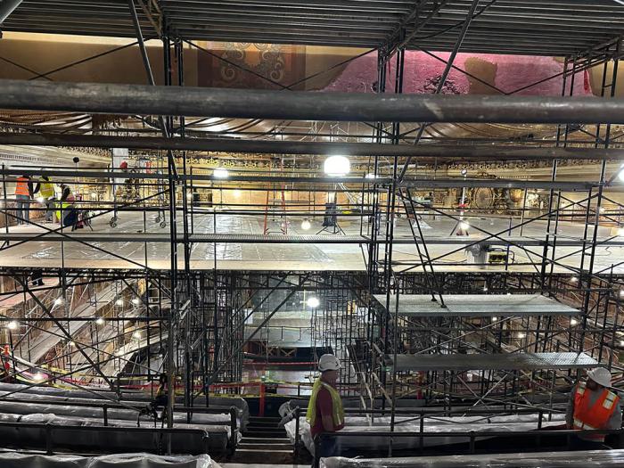 Scaffolding has been erected over the orchestra level of the Castro Theatre as renovation work begins on the ceiling. Photo: John Ferrannini