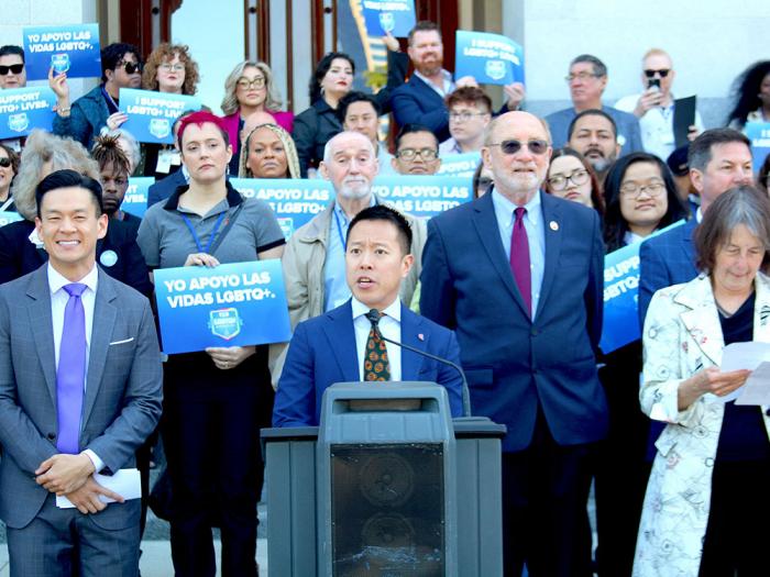 Equality California Executive Director Tony Hoang speaks April 8 on the steps of the state Capitol where he was joined by lawmakers and LGBTQ advocates. Photo: Courtesy Assemblymember Chris Ward's X