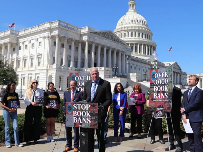 The Reverend Paul Brandeis Raushenbush, at lectern, joined Congressmember Democratic Maryland Congressmember Jamie Raskin, left, at a Capitol Hill news conference on confronting book bans and censorship. Photo: Courtesy Interfaith Alliance