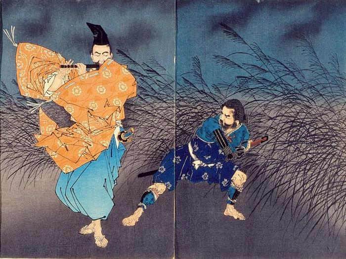 Tsukioka Yoshitoshi (1839—1892) 'Fujiwara no Yasumasa Playing a Flute by Moonlight,' 1883 (partial view;  courtesy FAMSF)