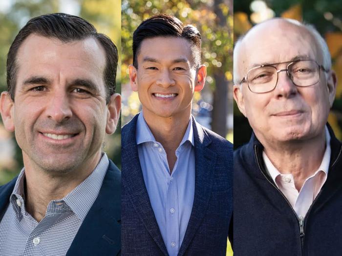 In the 16th Congressional District race, a former staffer to first place finisher former San Jose mayor Sam Liccardo, left, requested a recount of the tied second-place finishers, Assemblymember Evan Low and Santa Clara County Supervisor Joe Simitian. Photos: Courtesy the candidates<br><br>