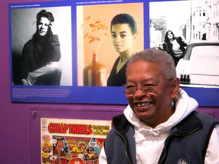 Jane "Jae" Whitaker sat in front of photos of herself and Janis Joplin during a "Living History" panel discussion at the GLBT Historical Society Museum in 2017 that commemorated the 1967 Summer of Love in San Francisco. Photo: Gerard Koskovich