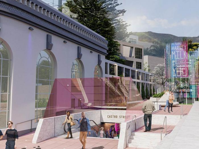 A rendering of a remodeled Harvey Milk Plaza shows a rose-colored canopy above the escalator and stairs leading to the Muni subway. The new elevator, a separate city-funded project, is seen in the background. Image: Courtesy Friends of Harvey Milk Plaza