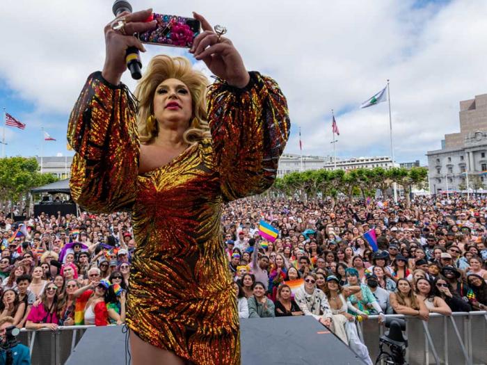 San Francisco drag laureate D'Arcy Drollinger, shown here on the main stage at last year's San Francisco Pride celebration, is a partner for Downtown First Thursdays. Photo: Jane Philomen Cleland