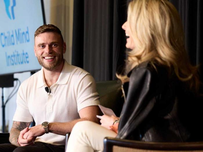 Former Olympian Gus Kenworthy, left, talked about mental health with California's first partner Jennifer Siebel Newsom at a dinner held by the Child Mind Institute in San Francisco April 29. Photo: Stephanie Meyers Photography