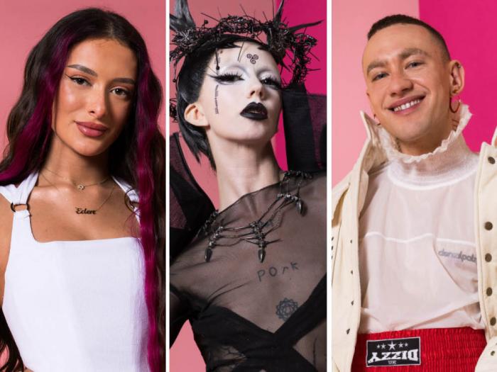 Eurovision Song Contest final contestants include Eden Golan, left, of Israel; Bambie Thug of Ireland, who's nonbinary; and Olly Alexander of the United Kingdom, who's gay and nonbinary. All will compete Saturday in Sweden. Photos: Courtesy Eurovision Song Contest