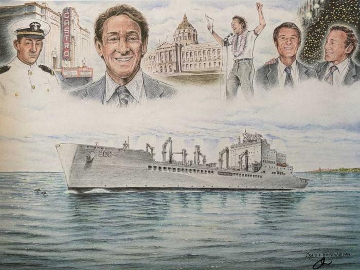 A lithograph featuring Harvey Milk and the USNS Harvey Milk, commissioned by the company that built the naval ship, hangs in Captain J. James White's office aboard the vessel. Photo: Matthew S. Bajko